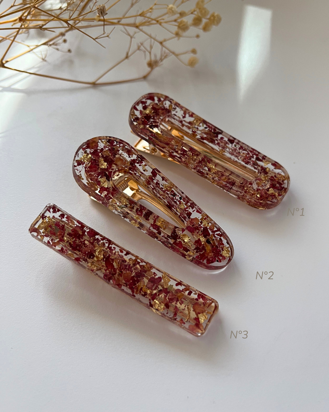 Barrettes cheveux - Fleurs séchées et feuilles d'or