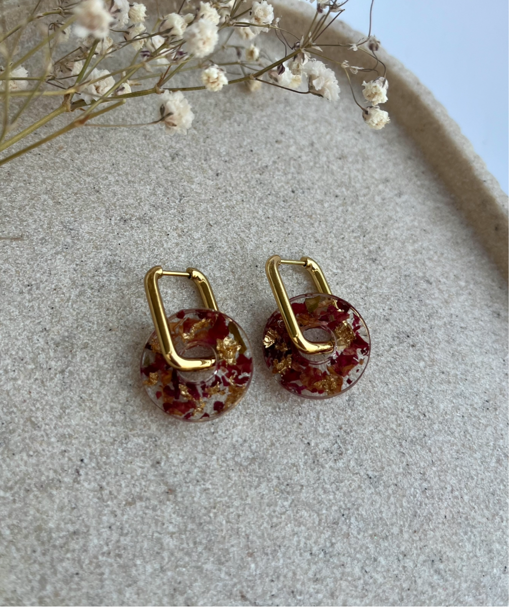 Boucles d'oreilles interchangeables rondes - Fleurs séchées Bordeaux et feuilles d’or