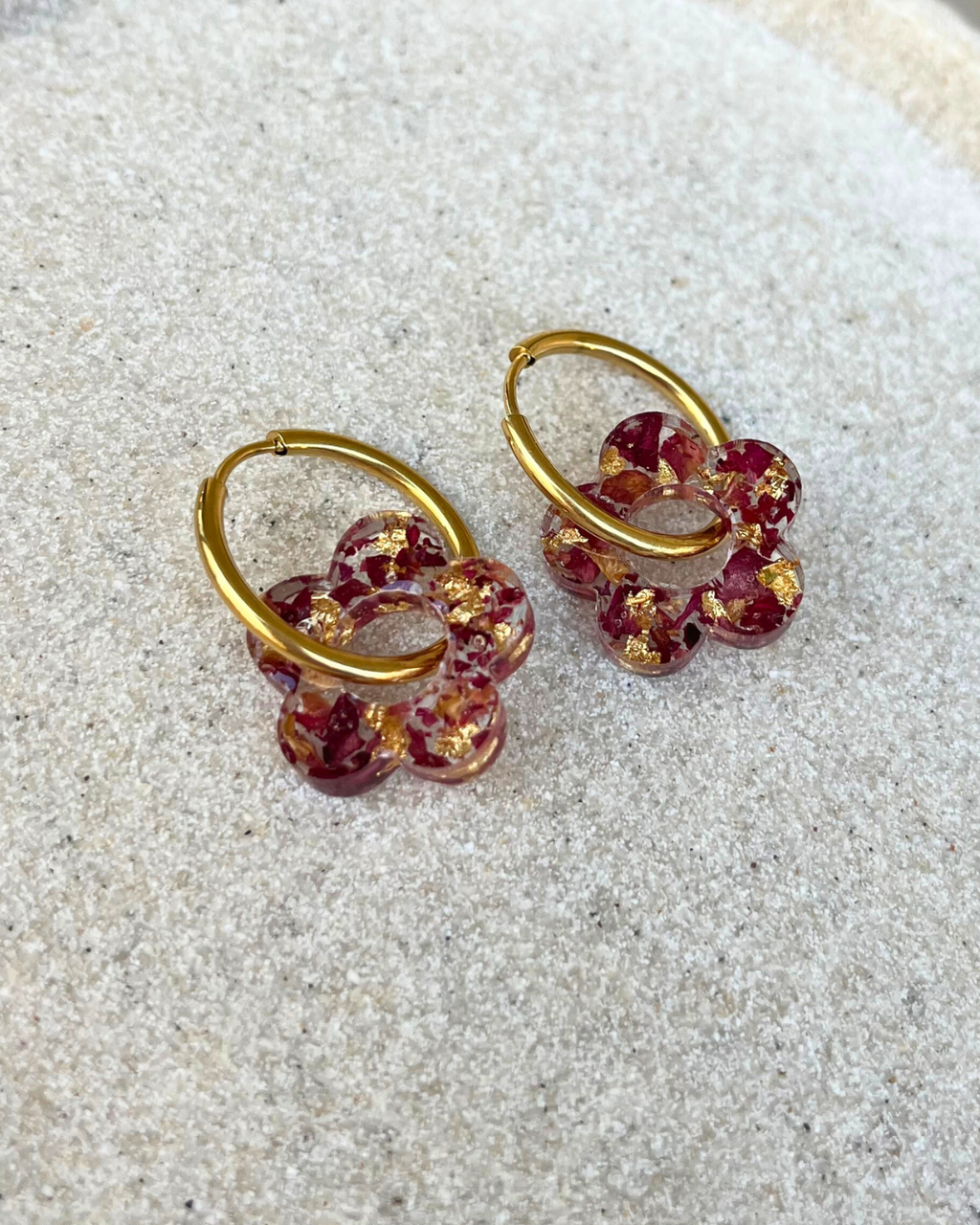 Boucles d'oreilles interchangeables  - Fleurs séchées Bordeaux et feuilles d’or