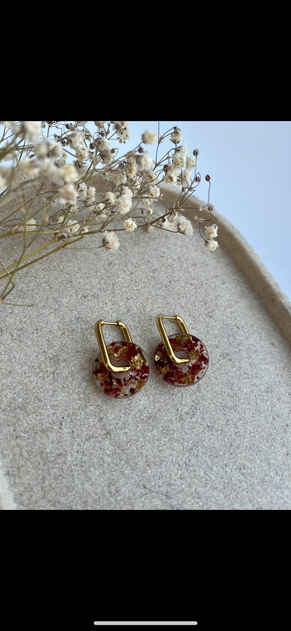 Boucles d'oreilles interchangeables rondes - Fleurs séchées Bordeaux et feuilles d’or