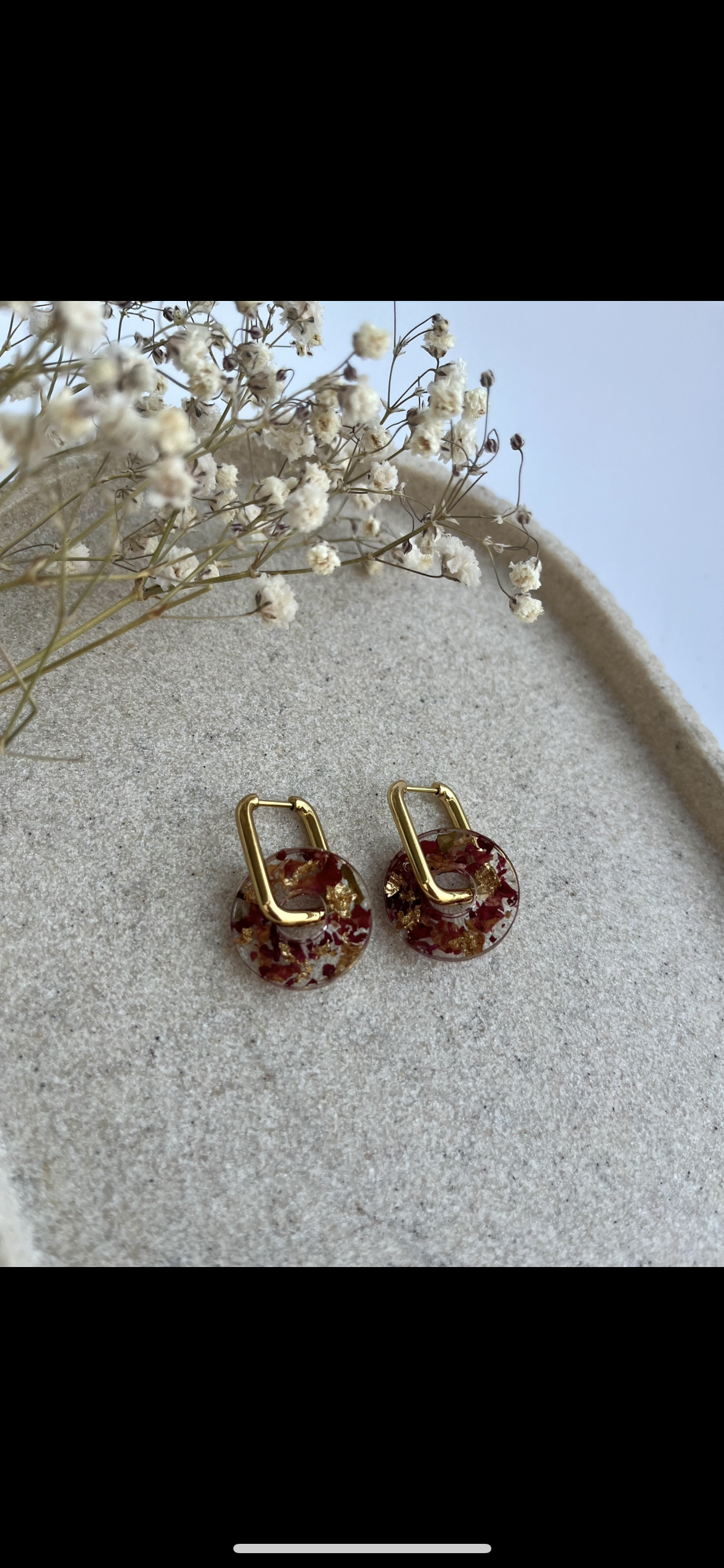 Boucles d'oreilles interchangeables rondes - Fleurs séchées Bordeaux et feuilles d’or