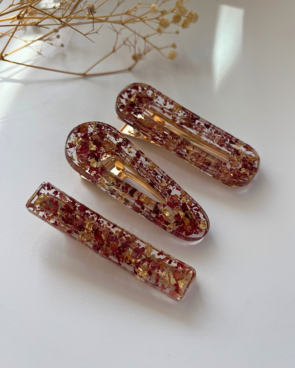 Barrettes cheveux - Fleurs séchées et feuilles d'or