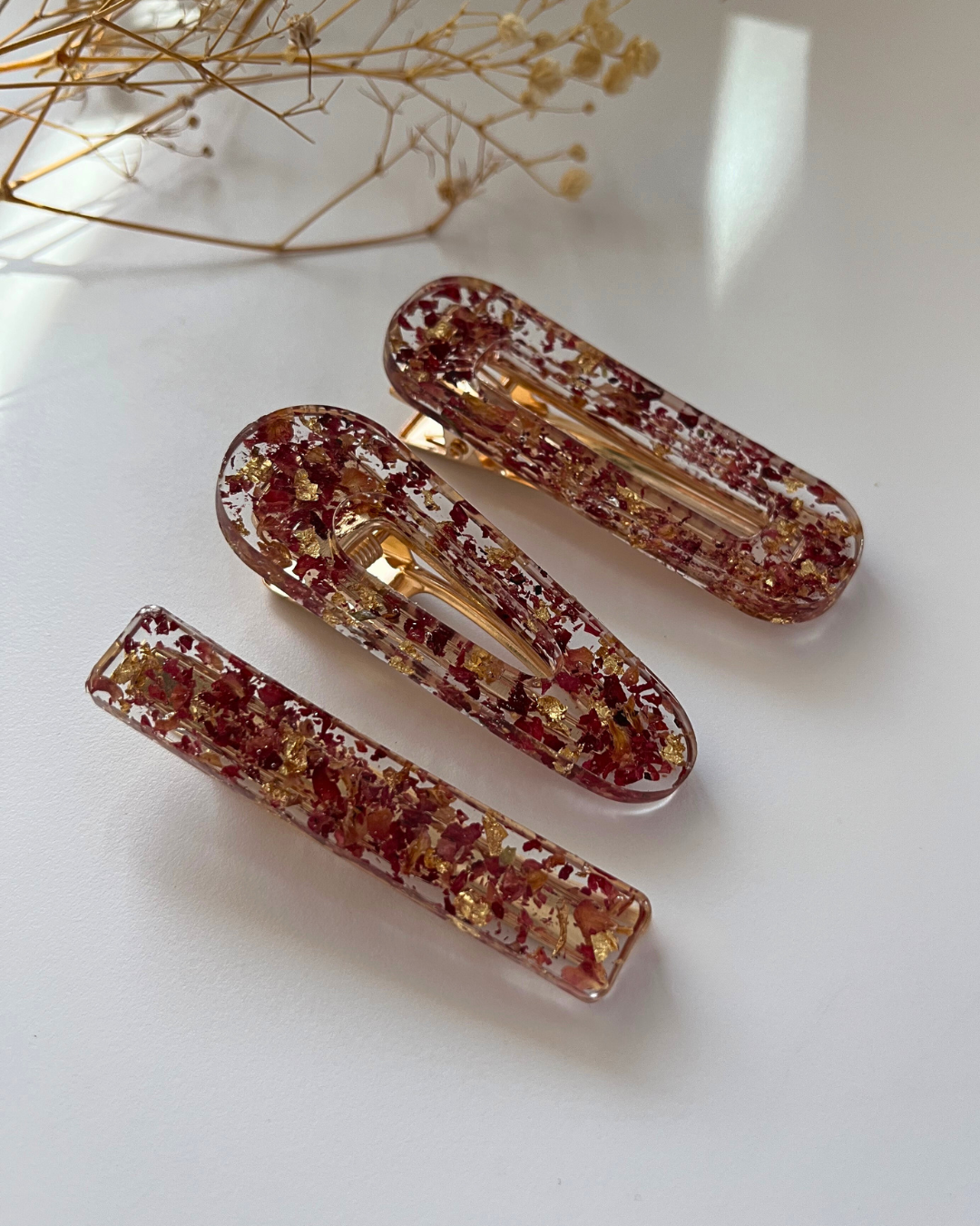 Barrettes cheveux - Fleurs séchées et feuilles d'or