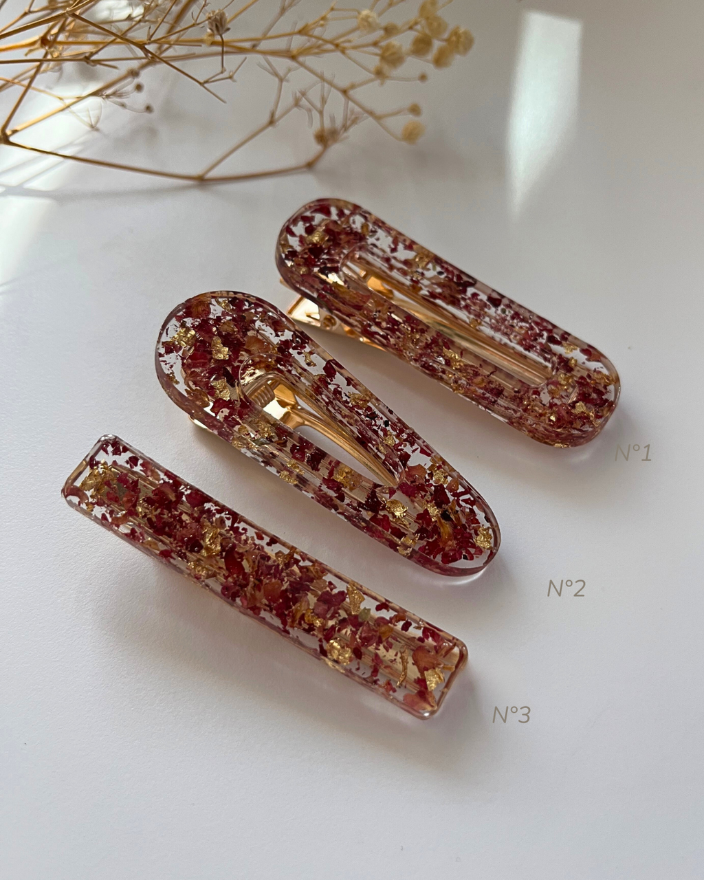 Barrettes cheveux - Fleurs séchées et feuilles d'or